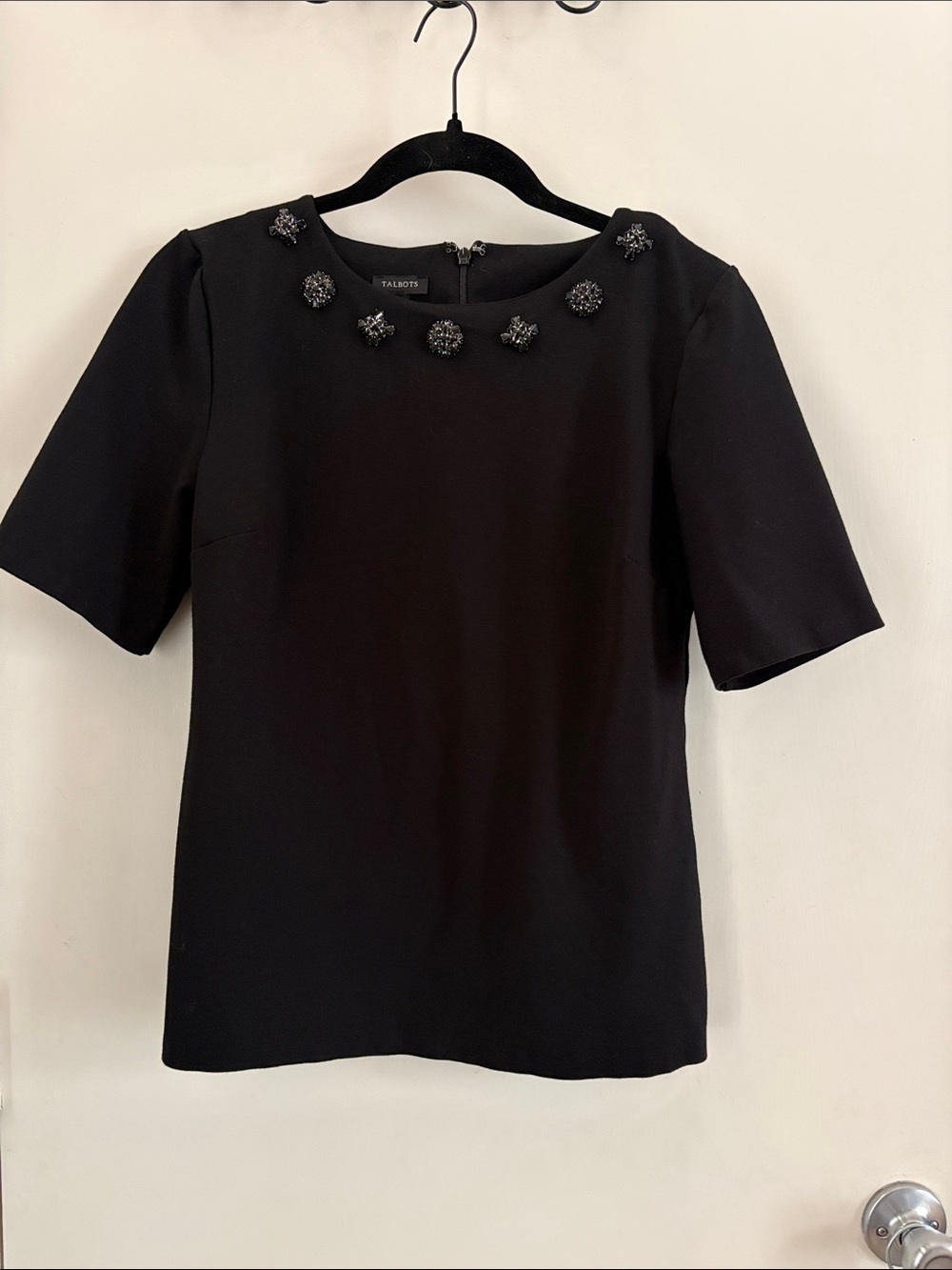 Talbots Black Short Sleeve Embellished Neck Tee Size M Holiday Evening Work